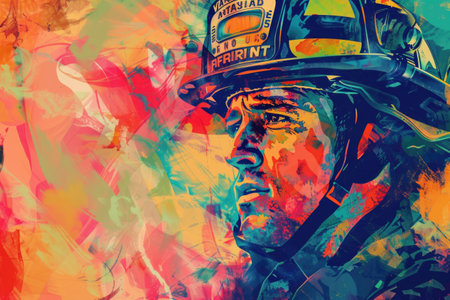 Biker in motorcycle helmet. Colorful background. Digital painting.の素材