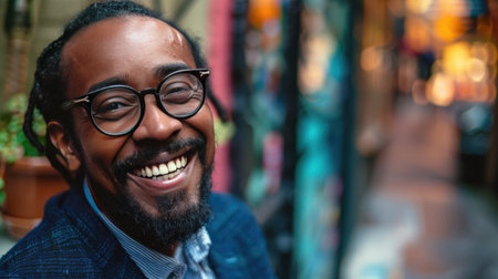 Close-up portrait of a smiling African American man with glassesの素材