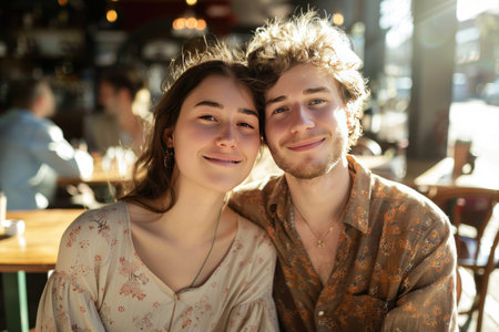 Portrait of young couple sitting in a cafe in Paris, Franceの素材
