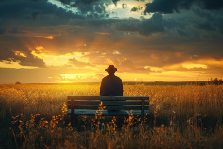 Man sitting on a bench in the field at sunset. Beautiful summer landscapeの素材