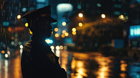 Silhouette of a guard in the rain in the city.の素材