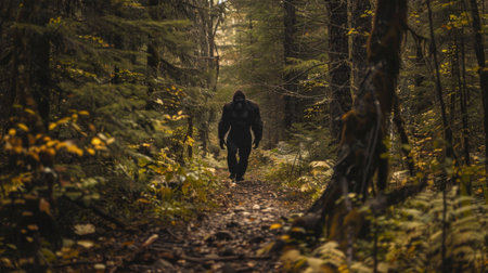 Man walking in the autumn forest. Adventure and exploration in nature.の素材