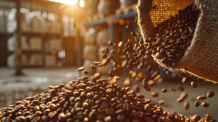 Coffee beans in a sack on the background of a warehouseの素材