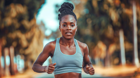 Young african american woman in sportswear running on the beach.の素材