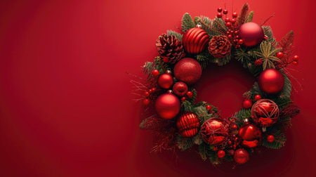 Christmas wreath on red background with copy space for your text.の素材