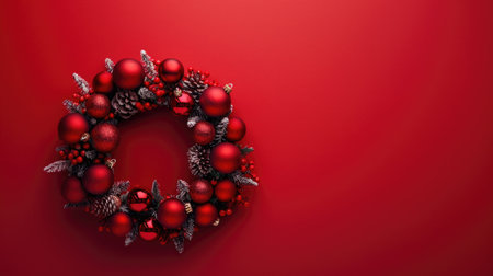 Christmas wreath with red baubles on red background. 3D renderingの素材