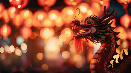 Chinese dragon statue in Chinese new year festival with bokeh backgroundの素材