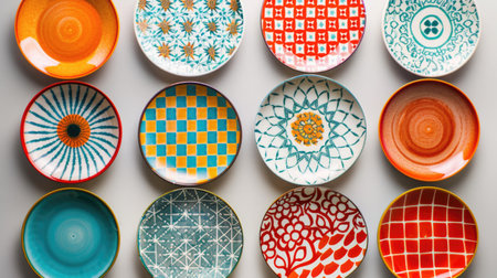 Colorful ceramic plates on a white background. View from above.の素材