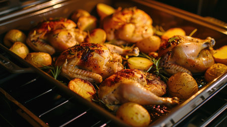 Roasted chicken with potatoes and herbs on a baking sheet in the ovenの素材