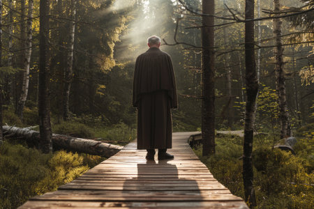 An old man in a long robe walks along a wooden path in the forest.の素材