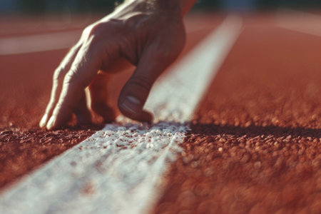 Close-up of a man's hand starting to run on a running trackの素材
