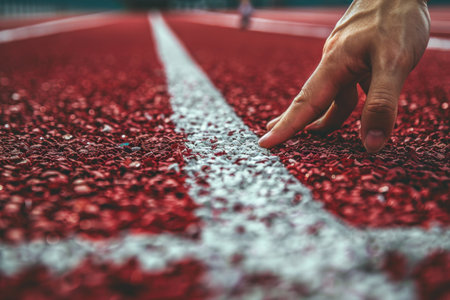 Close up shot of a runner's hand running on a race trackの素材