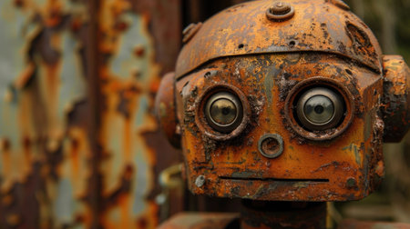 Old rusty robot head closeup. Industrial background. Selective focus.の素材