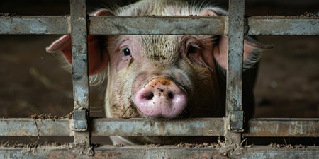 Pig in a cage on a farm. Close-up.の素材