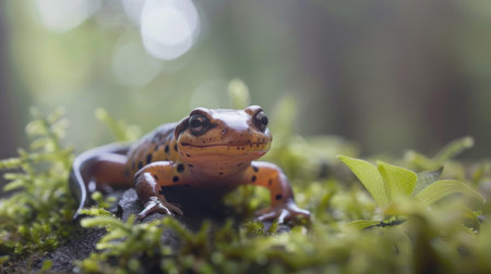Close up of a salamander on a rock in the forestの素材