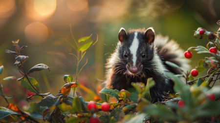 Little baby skunk in the forest. Cute little skunk in the autumn forest.の素材
