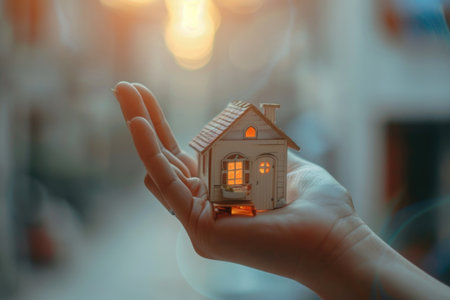 Woman hand holding a model house on blurred background. Real estate concept.の素材