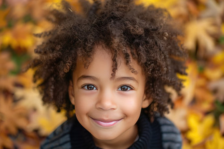 Close up portrait of a beautiful African American little girl in autumn parkの素材