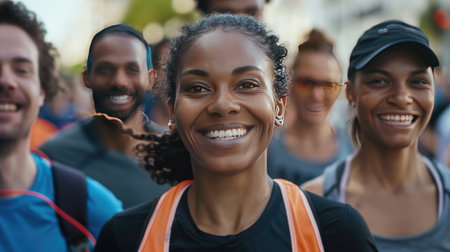 Portrait of African American woman with group of friends in backgroundの素材