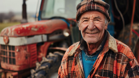 Portrait of an elderly farmer with a tractor in the background.の素材
