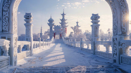 Beautiful white temple in winter, close-up. China.の素材