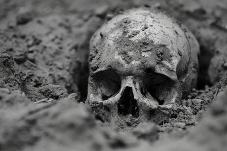 Human skull in the mud. Black and white photo. Selective focus.の素材