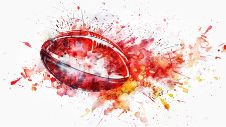 Rugby ball on splashes of watercolor paint. Vector illustration.の素材