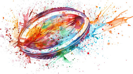 Colorful watercolor paint splashes on a rugby ball. Vector illustration.の素材