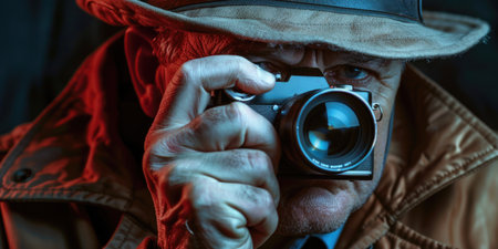 Photographer in a hat and jacket with a camera in his handsの素材