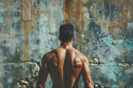 Rear view of shirtless young man looking away while standing against rusty wallの素材