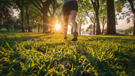 Runner athlete running at sunrise in the park. woman fitness jogging workout wellness concept.の素材