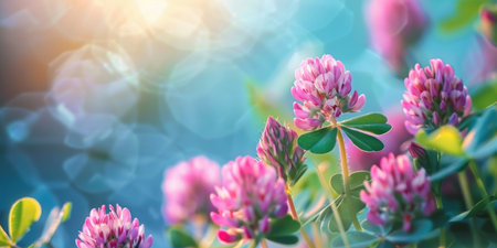 Beautiful pink clover flowers with bokeh effect. Natural background.の素材