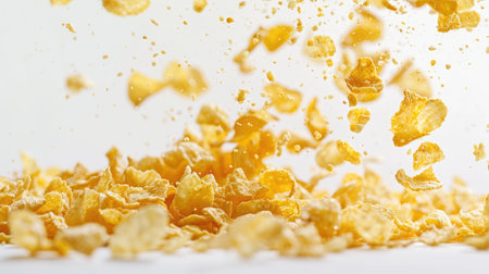Cornflakes falling into the air on a white background. Cornflakes are flying.の素材