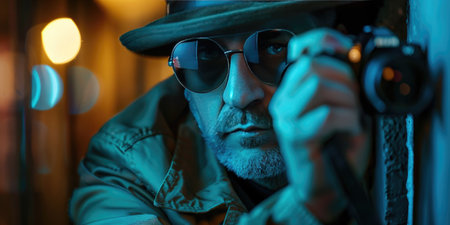 Portrait of a senior man in a hat and sunglasses with a camera.の素材