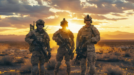 United States Navy special forces soldiers in the desert at sunset, USAの素材