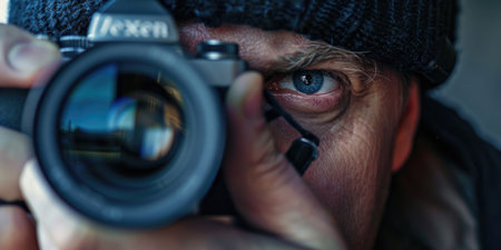 Portrait of a photographer with a camera in his hands. Close-up.の素材