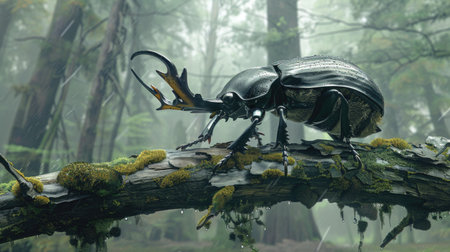 Stag beetle in the rain forest. 3d render illustration.の素材