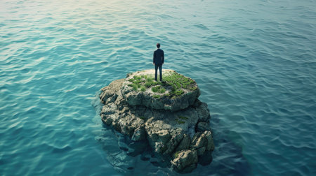 Businessman standing on top of a rock and looking at the seaの素材