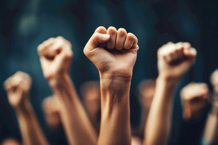 Close up of raised hands of a group of people in a protestの素材