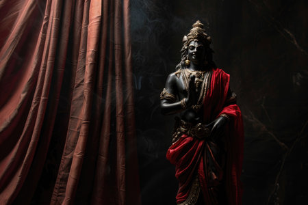 Buddha statue with red curtain and smoke on dark background.の素材