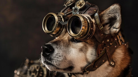Portrait of a dog wearing a vintage steampunk helmet and goggles.の素材