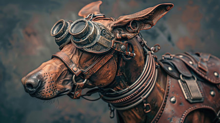 Bronze horse head with helmet and goggles. Vintage style tonedの素材