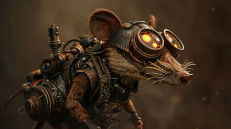 A portrait of a mouse in a gas mask on a dark backgroundの素材