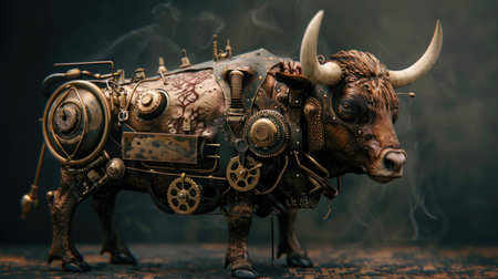 Vintage steampunk animal made of metal on a dark background.の素材