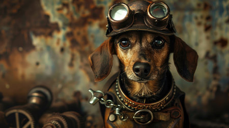 Dachshund dog in a pilot helmet on rusty background.の素材