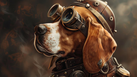 Portrait of a dog in a steampunk helmet and glasses.の素材