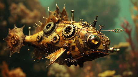 3d illustration of a golden fish with gears and cogwheelsの素材