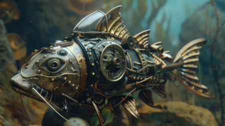 Close-up of a steampunk robot in the aquarium. Steampunk concept.の素材