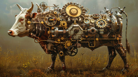 Steampunk machine and cow in the steampunk world. 3d renderingの素材