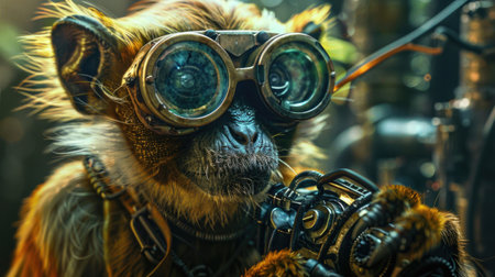 Portrait of a monkey in an aviator's helmet and gogglesの素材